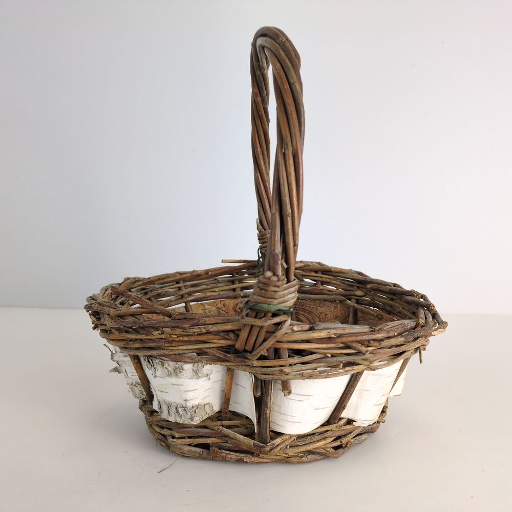 Vintage White Birch Bark Lined Woven Willow Scandinavian-Style Foraging Basket